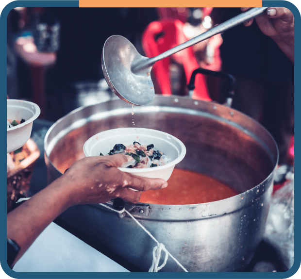 3 Person serving soup into a bowl.